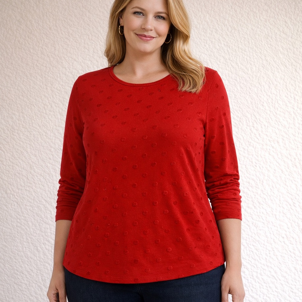 Faded Glory Top Women’s Size X-Large Red Textured Swiss Dot Stretch Long Sleeve